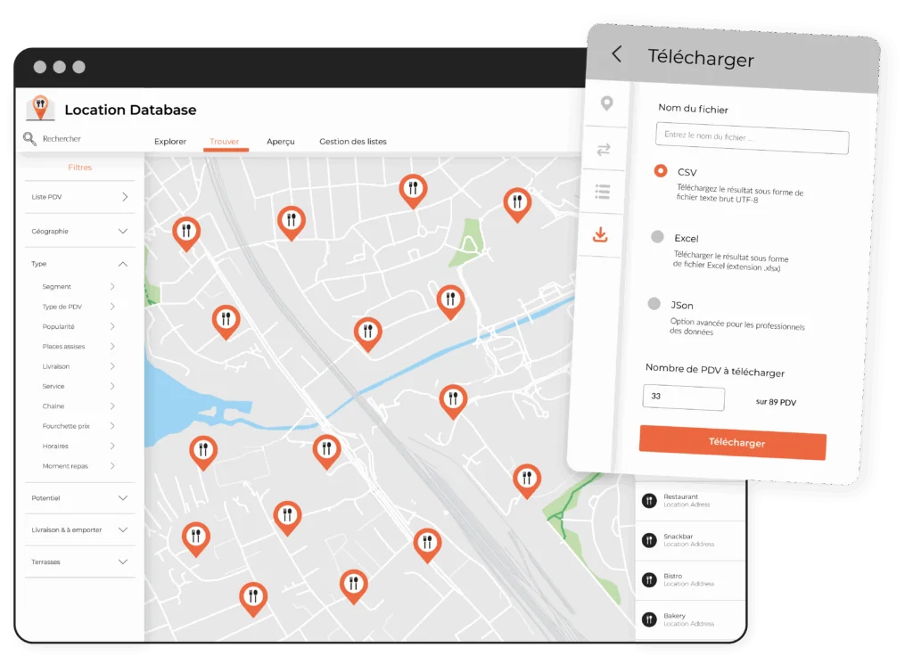 Roamler Foodservice Database interface showing mapped bakery locations across France